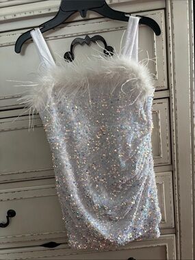 Poppies and Roses White Sequin & Feather Mini Dress